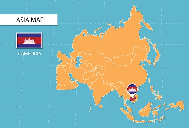 Карта Камбоджи в Азии, значки, показывающие расположение и флаги Камбоджи.