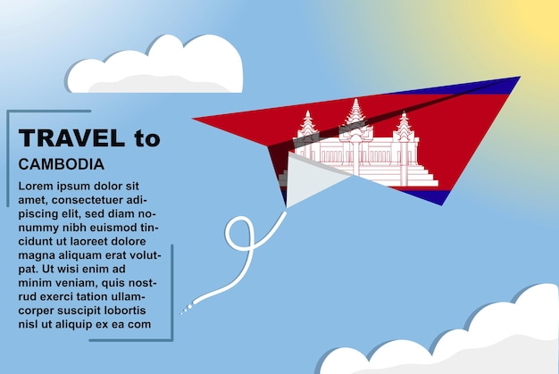 종이 비행기 휴가 개념에 종이 깃발과 텍스트 공간 깃발이 있는 캄보디아 여행 벡터 배너