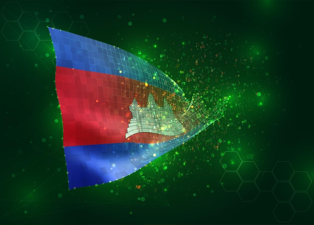 Cambodia on vector 3d flag on green background with polygons and data numbers