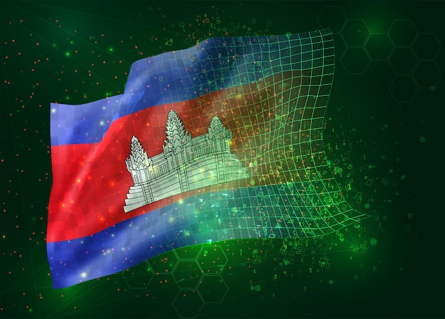cambodia, vector 3d flag on green background with polygons and data numbers
