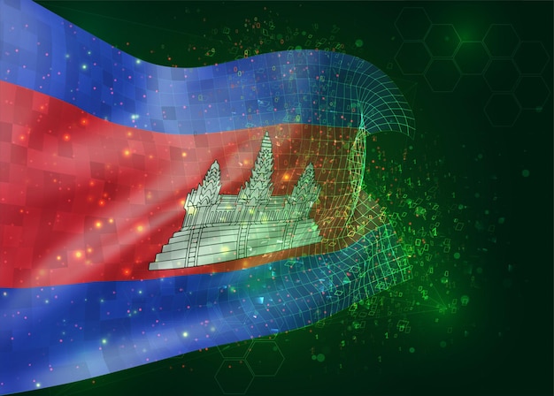 cambodia, vector 3d flag on green background with polygons and data numbers