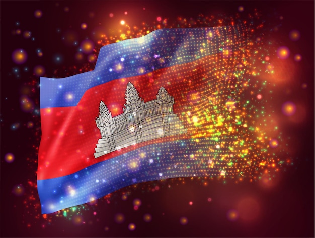 Cambodia, vector 3d flag on pink purple background with lighting and flares