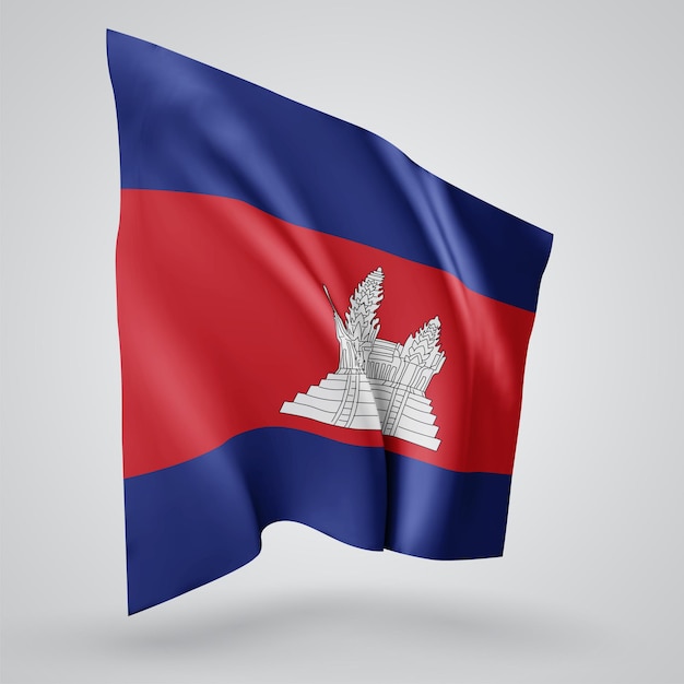 Cambodia, vector flag with waves and bends waving in the wind on a white background.