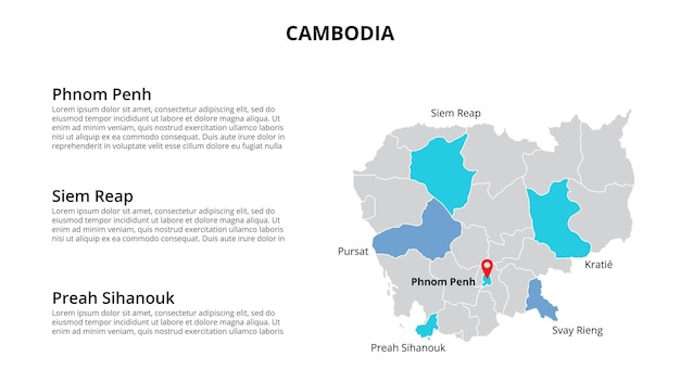 Инфографический шаблон векторной карты камбоджи, разделенный по штатам, регионам или провинциям