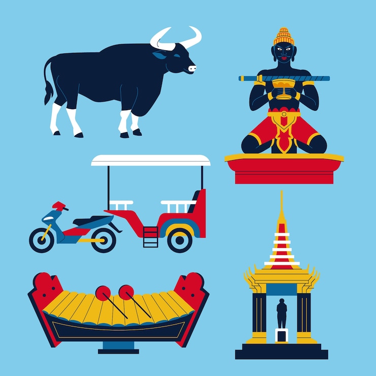 Vector cambodian culture icons: temple, bull, tuk-tuk, and traditional elements