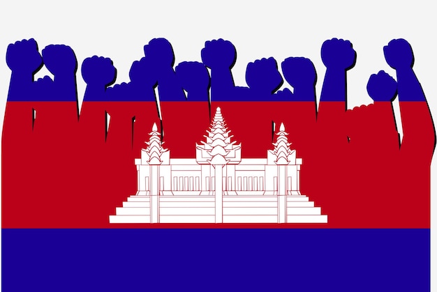 Cambodja vlag met opgeheven protest handen vector land vlag logo Cambodja protesteren concept