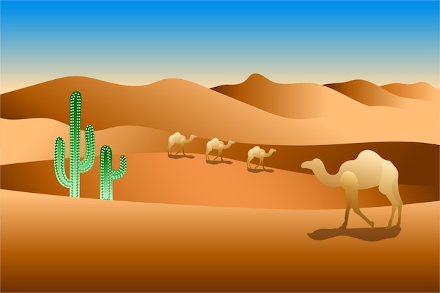 Vettore cammello e cactus nel deserto