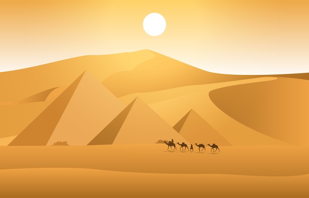 Vector camel caravan crossing egypt pyramid desert arabian landscape illustration