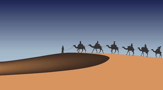 Vettore caravana di cammelli nel deserto illustrazione vettoriale disegno per la creatività