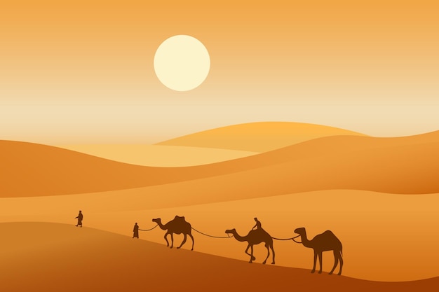 Vector camel caravan passing through the desert african landscape