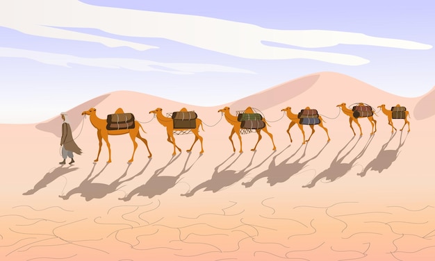ベドウィンを持ったラクダのキャラバンが砂漠を通り抜ける砂漠のラクダ