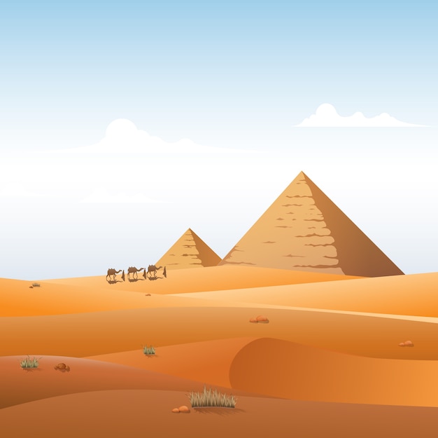 Camel caravan with egypt pyramids landscape background