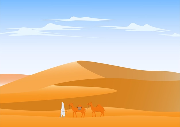 Camel crossing desert landscape background