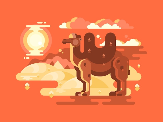 Vector camel in desert flat