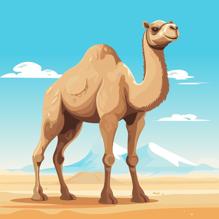 Vector camel in desert with mountains journey travel and africa tourism theme vector illustration