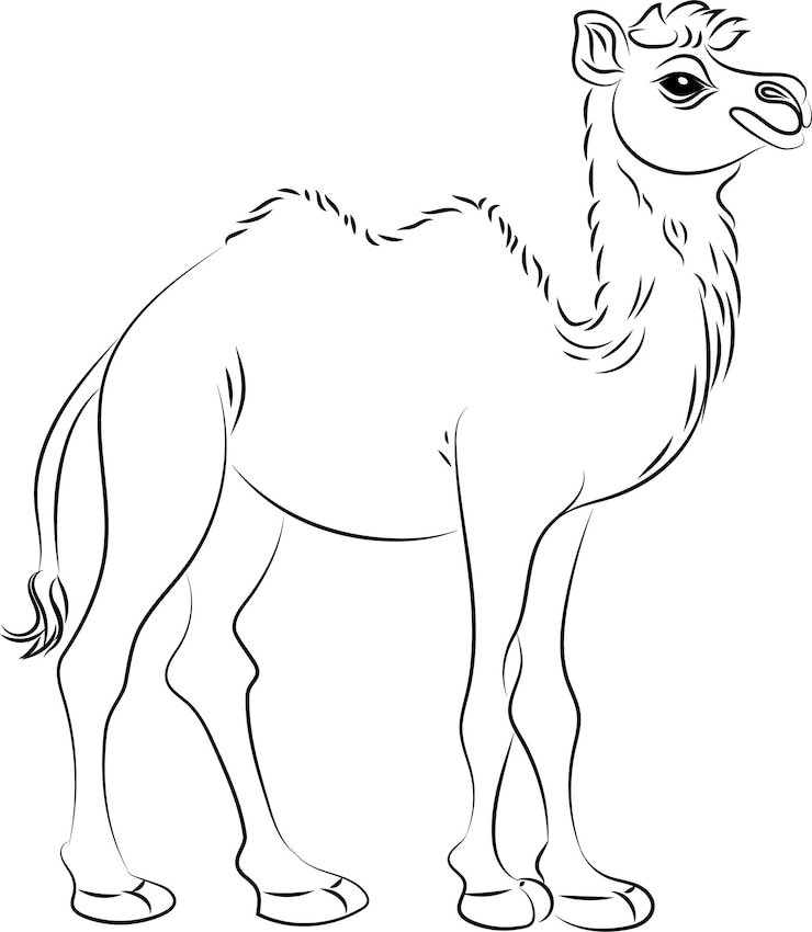 Vector camel line art with thin black lines black and white image
