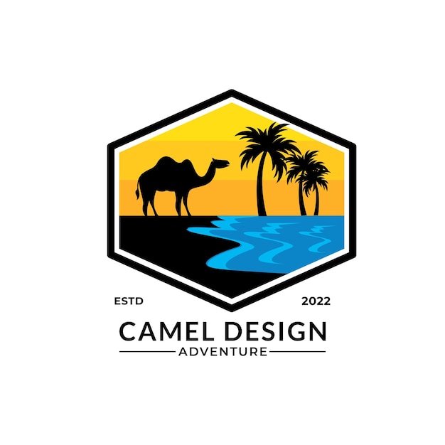 Modello di progettazione del logo del cammello, illustrazione vettoriale del cammello vintage.