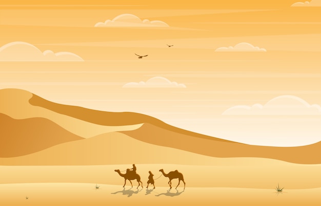 Vector camel rider crossing vast desert hill arabian landscape illustration