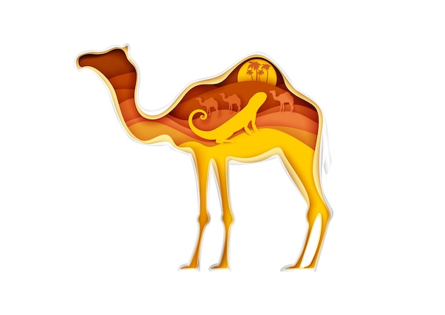 Camel silhouette with sahara desert landscape lizard caravan inside vector illustration in paper art