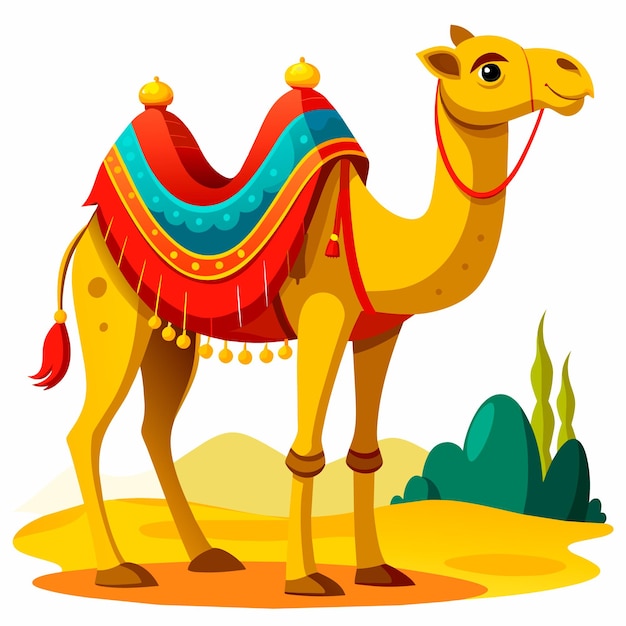 Vector camel standing in the desert with saddle