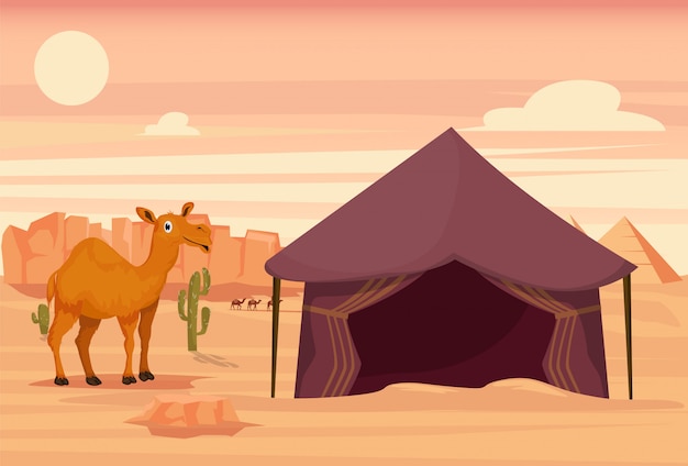 Vector camel and tent in the desert