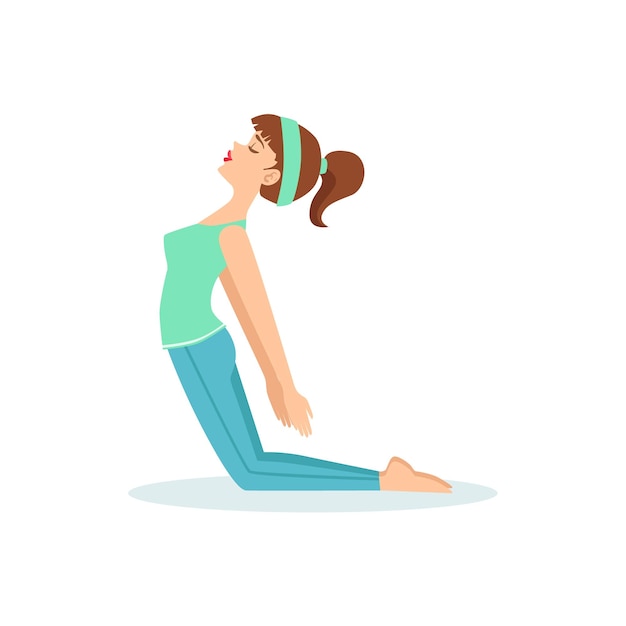 Camel Ustrasana Yoga Pose Demonstrated By The Girl Cartoon Yogi With Ponytail In Blue Sportive Clothing Vector Illustration