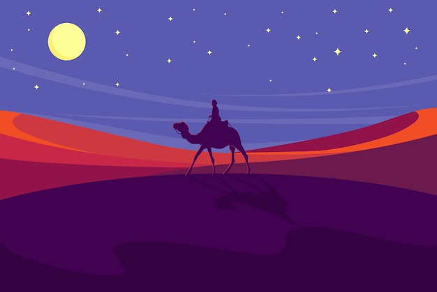 Camel walking on desert at night