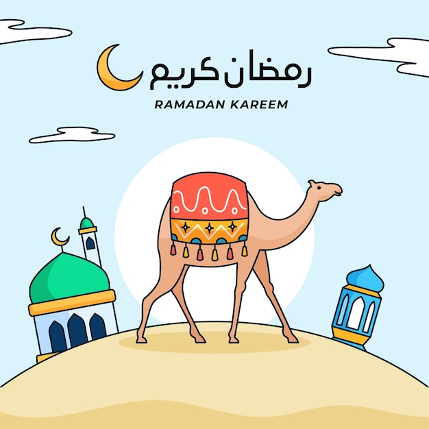 Верблюд с орнаментальным облаком, идущий по пустыне для мусульманского рамадана, векторная иллюстрация путешествия на фоне лампы небесного фонаря мечети
