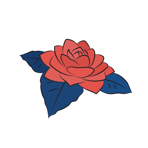 Camellia bloem rood en blauw. Weelderige knop geïsoleerd op een witte achtergrond. Lijntekeningen eenvoudig botanisch, voor trouwkaarten, uitnodigingen