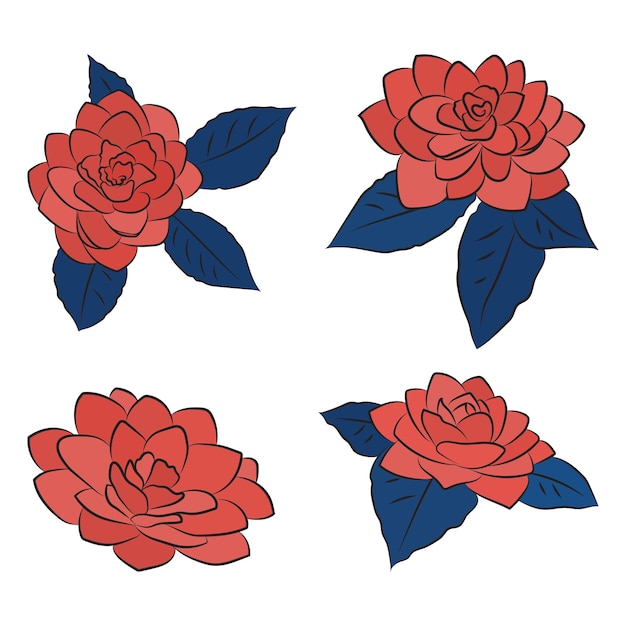 Fiori di camelia set di 4 boccioli rossi e blu lussureggianti isolati su sfondo bianco linea arte botanica semplice per inviti di carte di nozze