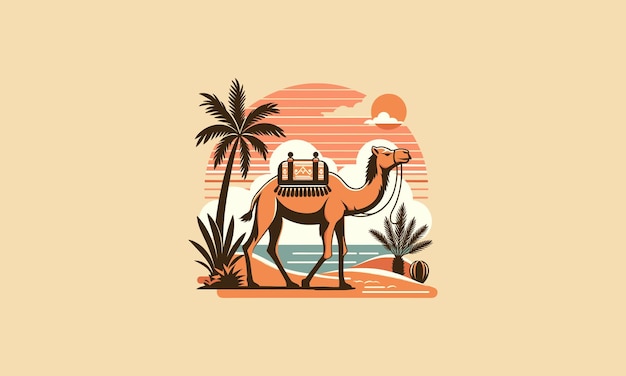 Vector camels walking amidst the desert and date palm trees vector design