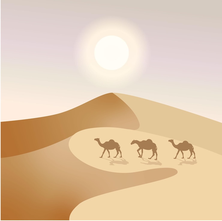 Vector camels walking through desert eid mubarak greeting card ramadan kareem template arabic landscape horizontal illustration