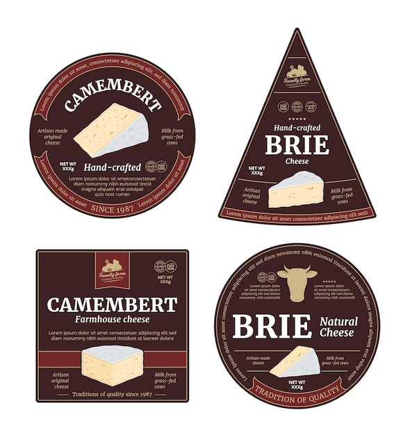 Etichette di formaggio camembert e brie e icone di formaggio