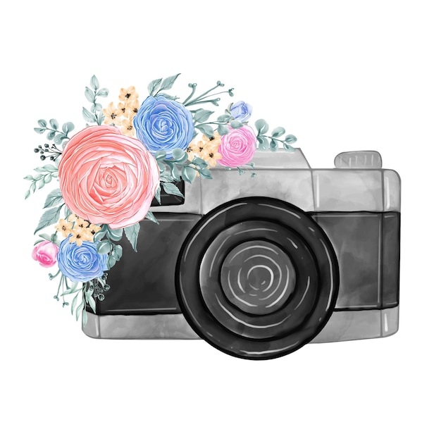カメラと花ブルーピンクパステル水彩イラスト