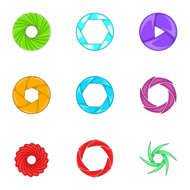 Camera aperture icons set, cartoon style