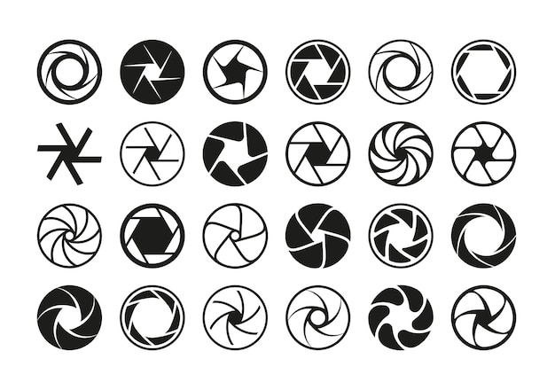 카메라 조리개 렌즈 다이어프램 사진 아이콘 초점 또는 셔터 원 로고 디지털 필름 사진 장비 최소 흑백 원형 기호 벡터 사진 스튜디오 기호 세트