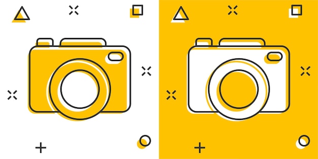 Camera apparaat teken pictogram in komische stijl Fotografie vector cartoon afbeelding op witte geïsoleerde achtergrond Cam apparatuur bedrijfsconcept splash effect