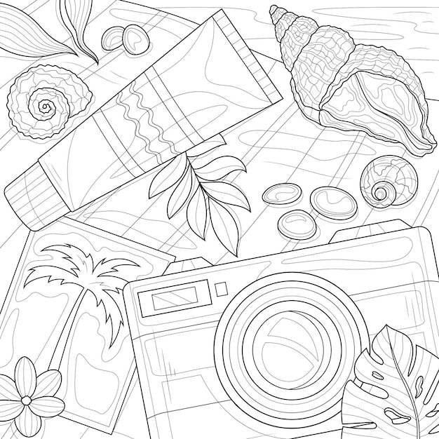 Camera cream and shells on the beachColoring book antistress for children and adults