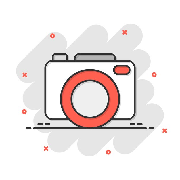 Camera device sign icon in comic style Photography vector cartoon illustration on white isolated background Cam equipment business concept splash effect