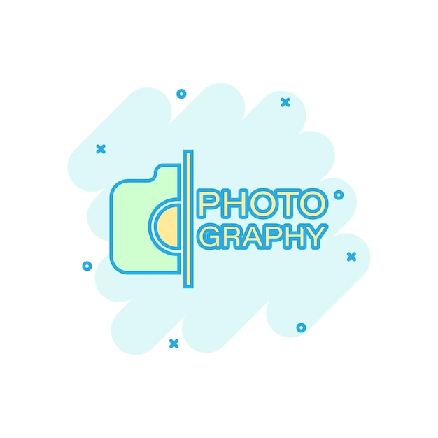 Camera device sign icon in comic style Photography vector cartoon illustration on white isolated background Cam equipment business concept splash effect