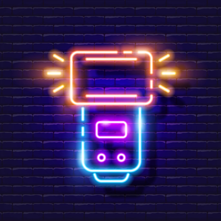 Vector camera flash neon icon photo and video concept vector illustration of a sign for design website decoration online store