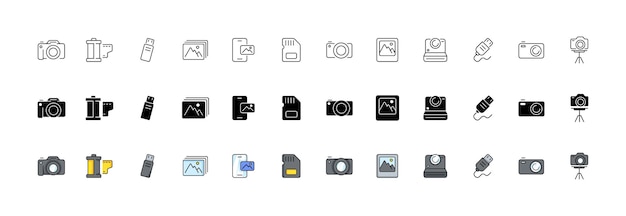 カメラのアイコンを設定線形シルエットとフラット スタイルのベクトルのアイコン