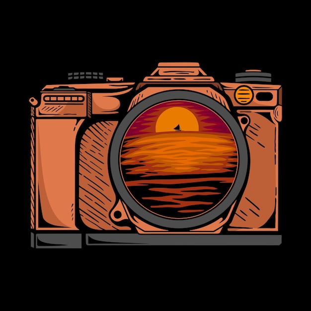 Camera illustratie schieten zonsondergang op zee premium vector