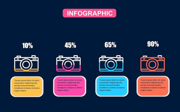 Camera infographic sjabloon met percentage en proces voor bedrijfspresentatie