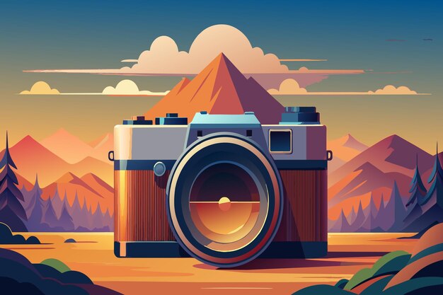 Vector a camera is shown in a landscape with mountains in the background