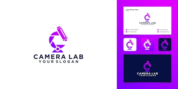 Camera lab logo with camera and microscope logo design template and business card