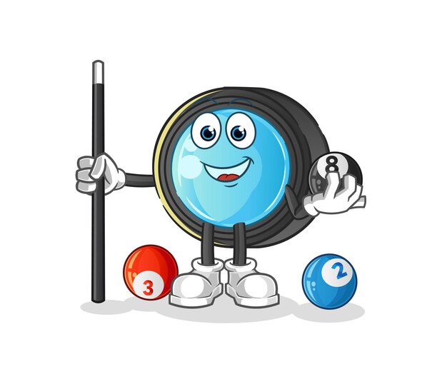 Vector camera lens plays billiard character. cartoon mascot vector