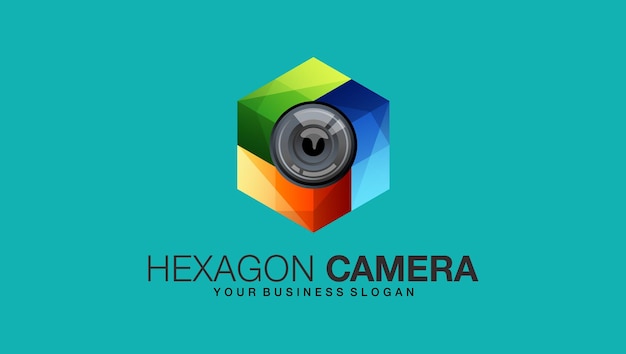 Vector camera logo design in gradient hexagon style vector template