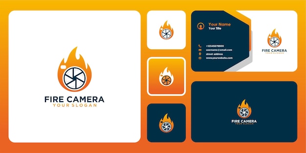 camera logo design with fire and business card