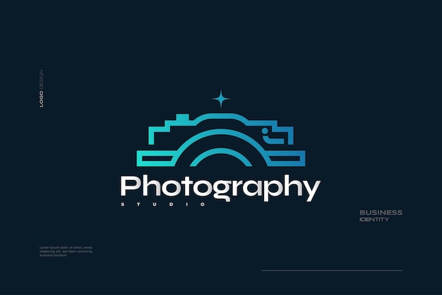 Camera logo with minimalist line concept in blue gradient style suitable for photography studio cinema or movie company logo